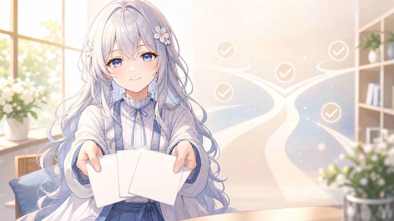 じぴこが読者にSEO記事の判断カードを差し出し、選べる材料を示しているイラスト。
