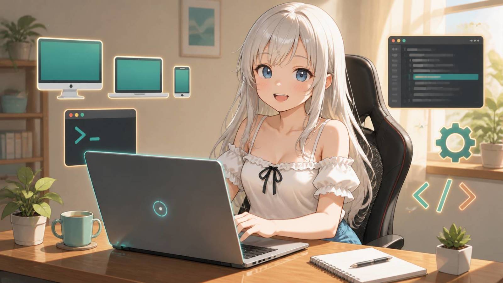 ノートPCでZedの初回セットアップを進める白髪のキャラクターとOS・CLI・設定を示すアイコン