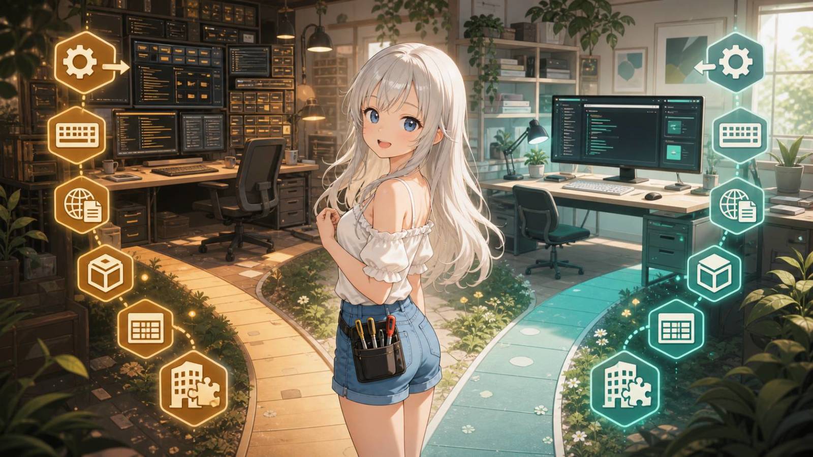 VS CodeからZedへの移行で重い拡張環境と軽い編集環境の分岐を選ぶ白髪のキャラクター