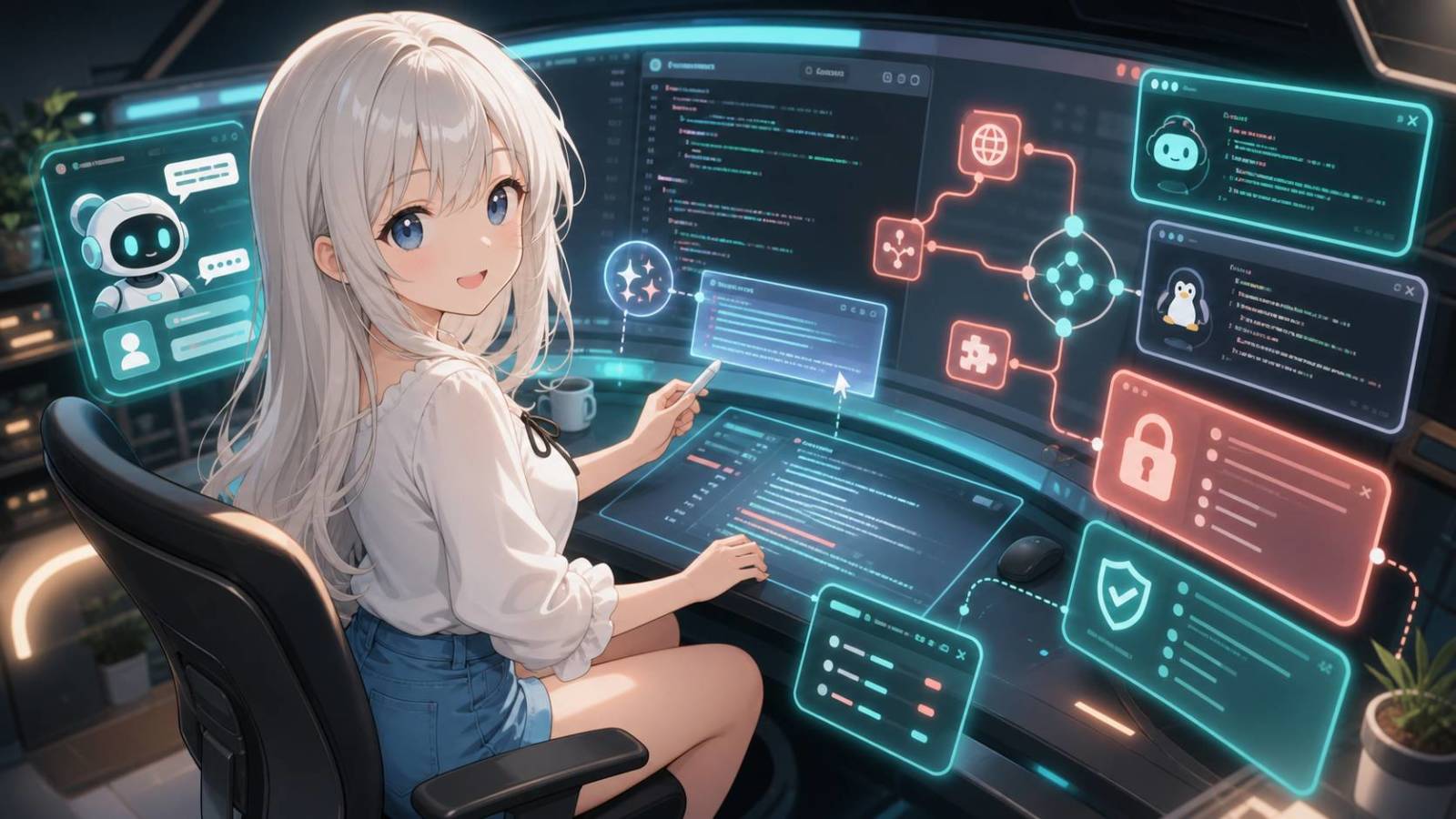 AIエージェントやMCP連携を使いながらコード編集する白髪のキャラクター