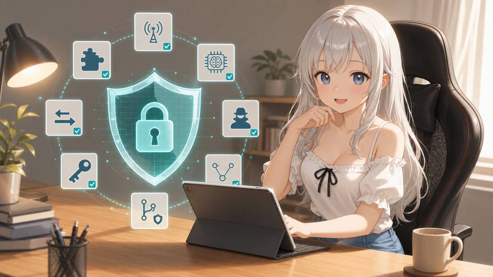 ZedのAI連携や外部ツール利用時のセキュリティとプライバシー項目を確認する白髪のキャラクター