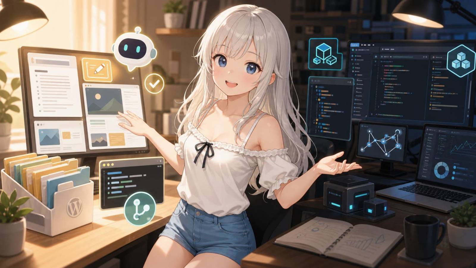 日常編集向けの軽いエディタ環境と複雑な開発環境を併用する白髪のキャラクター