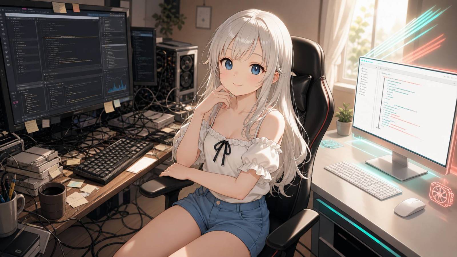 VS Codeの重い作業環境と軽快なRust製エディタ環境を見比べる白髪のキャラクター