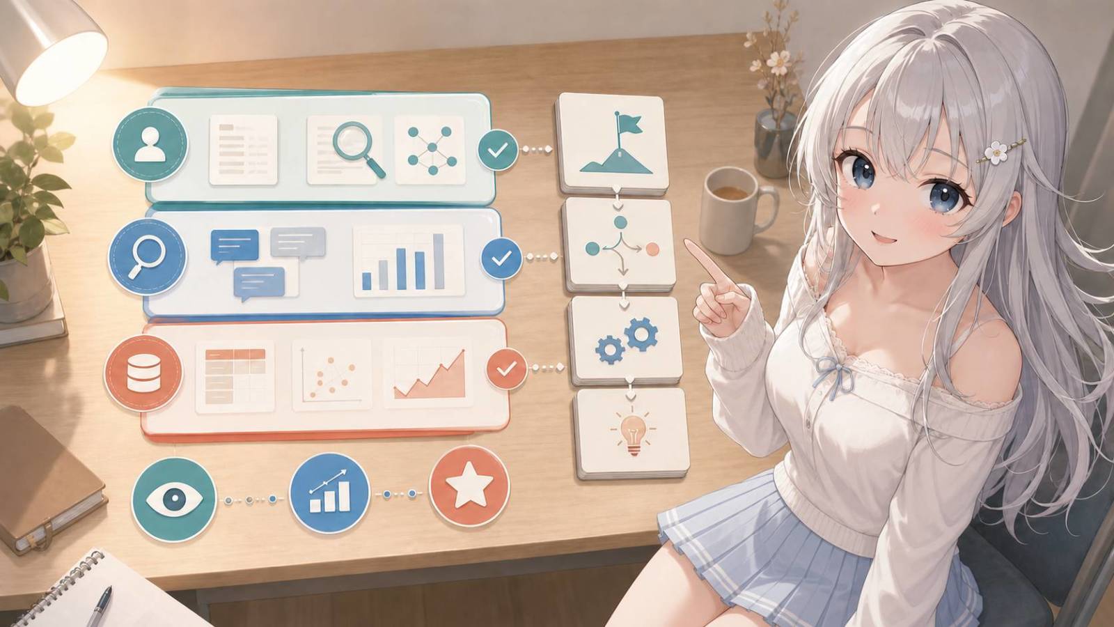 三層に並んだ証拠カードと分析アイコンを指し、GPT-5.6 Ultraの評価方法を説明するじぴこ