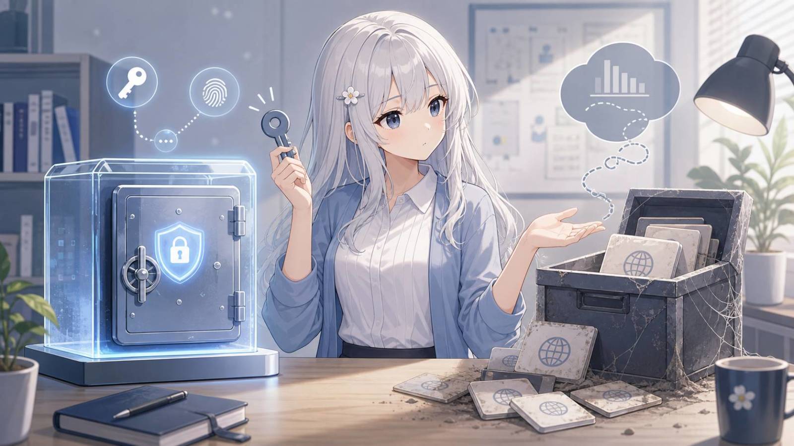 じぴこが安全な認証Vaultと古いカード箱を並べ、取り残されたブックマーク管理を示している。