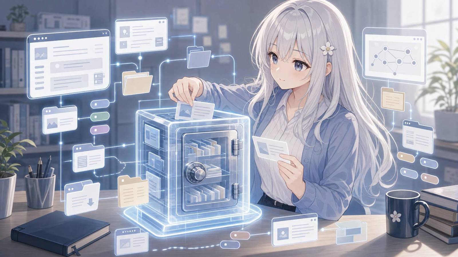 じぴこが透明なBookmark VaultへWebカードを収め、個人のWeb記憶層を示している。 外部記憶の文脈に沿う内容。