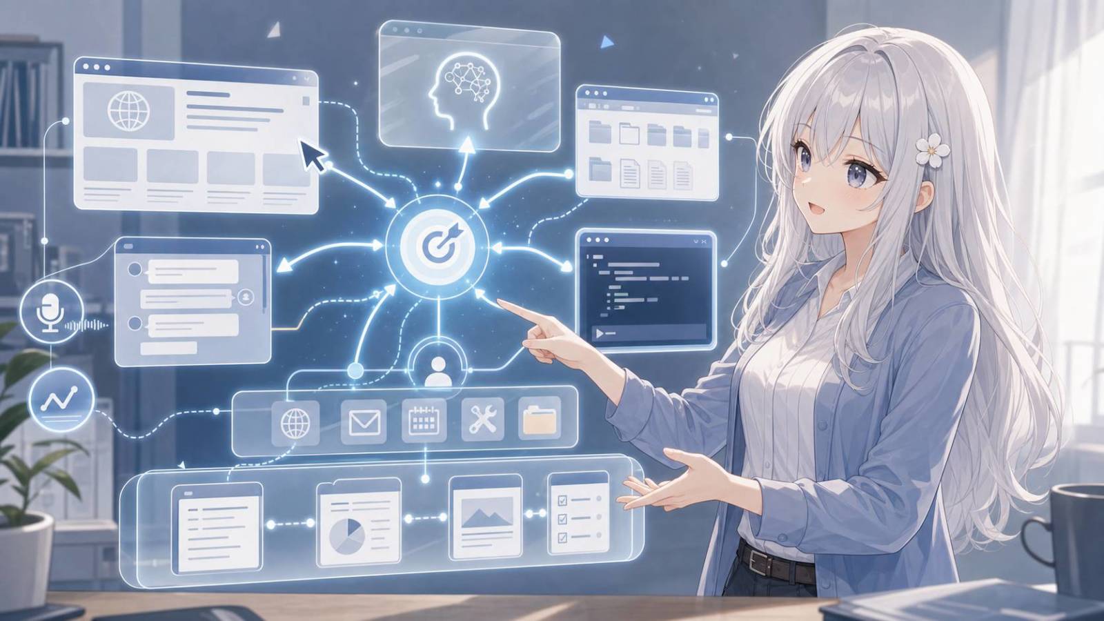 じぴこが目的を中心に複数のUIとAIパネルが接続する操作フローを案内している。 AIエージェントの文脈に沿う内容。