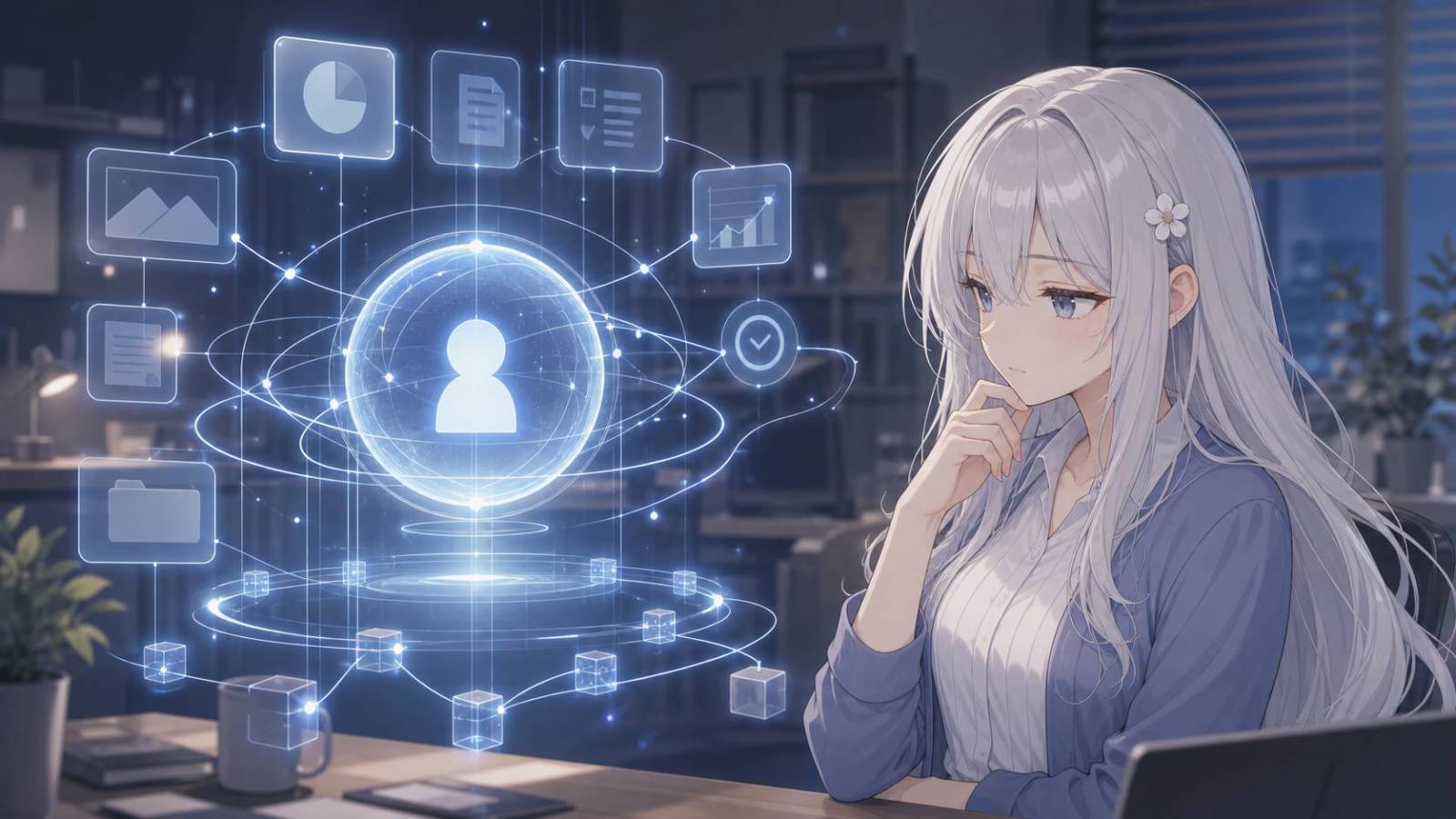 じぴこが個人プロフィールを囲むデータカード群を見つめ、AIに渡る記憶層の広がりを示している。 ブックマークの文脈に沿う内容。