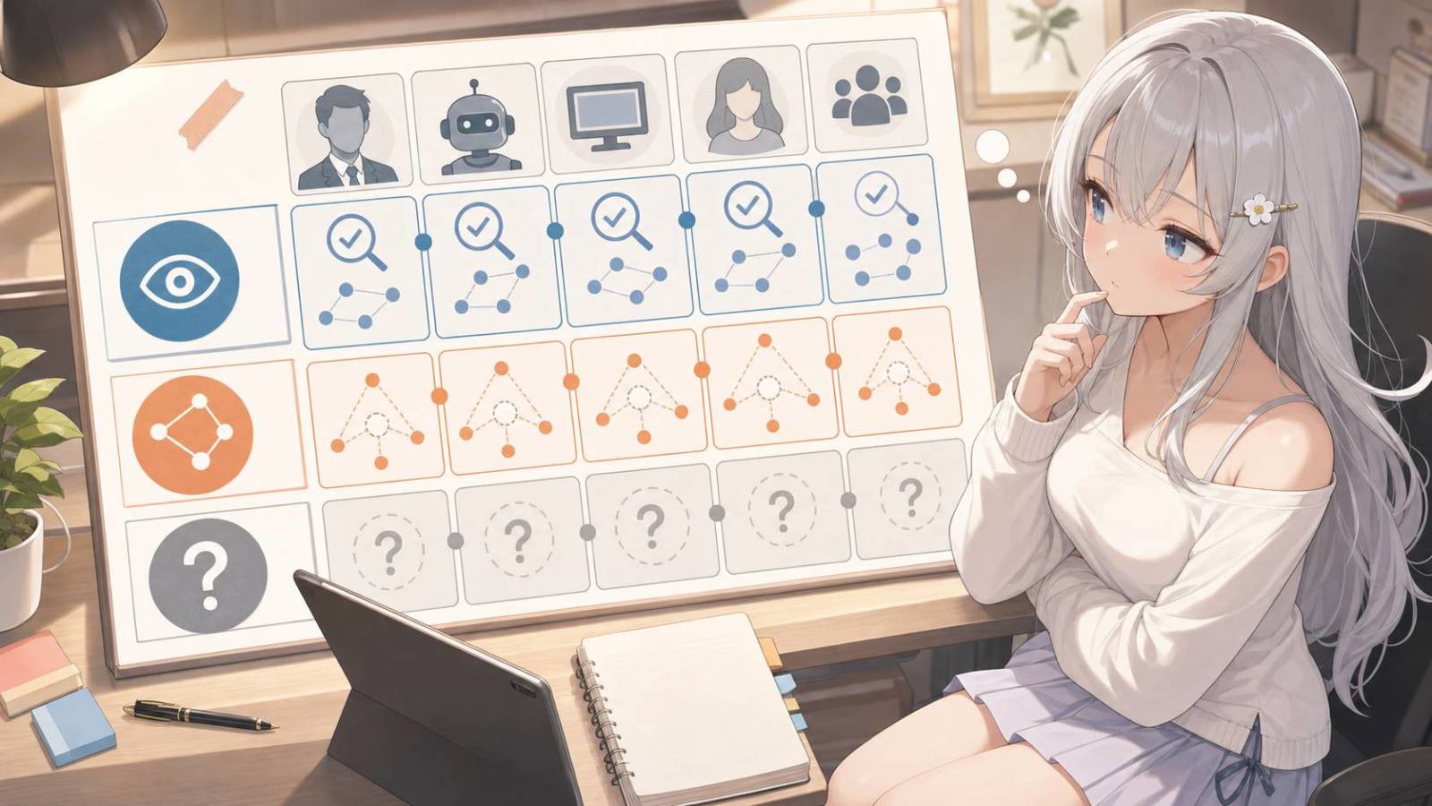 人・AI・仕組みのアイコンを、チェック・推論図・疑問符で比較する盤を見つめるじぴこ