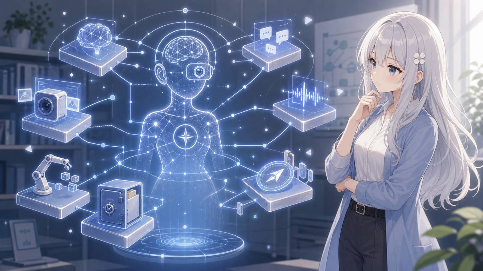 じぴこがAIの身体のような中核から各種ツールへ伸びる接続を見守っている。 AIエージェントの文脈に沿う内容。