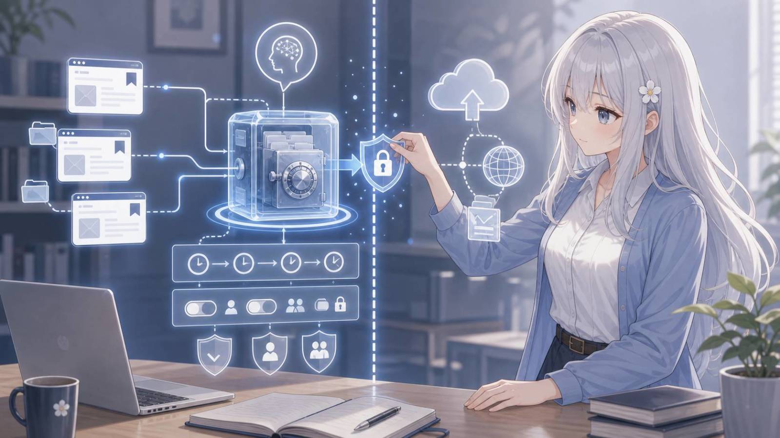 じぴこがBookmark VaultからAIとクラウドへ渡る境界に鍵をかけ、権限設計を示している。 ブラウザの文脈に沿う内容。