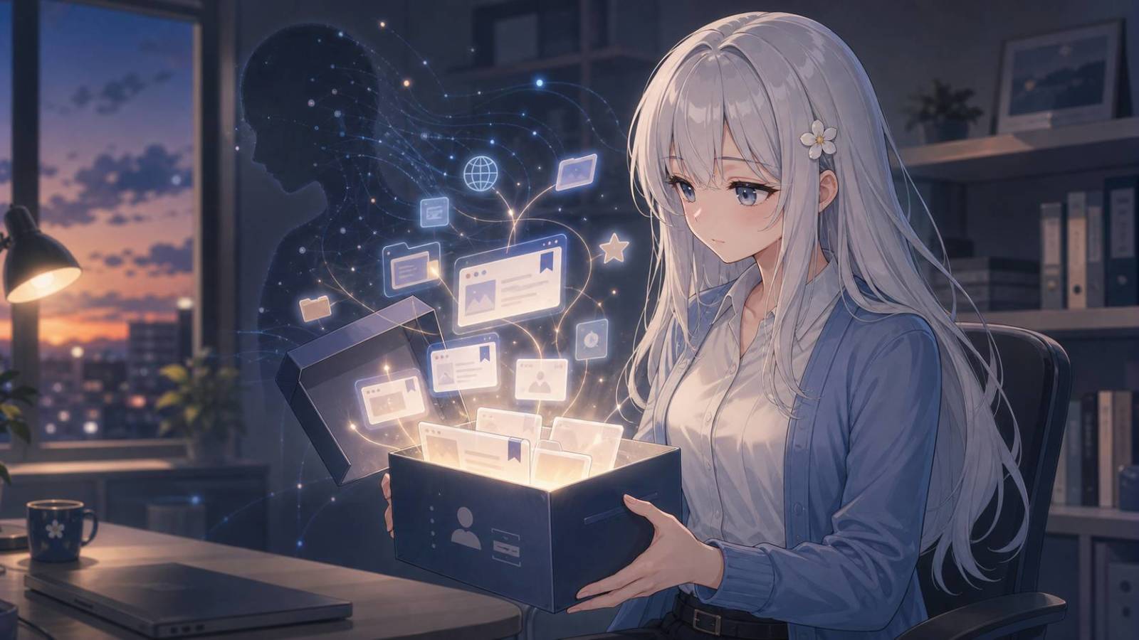 じぴこが箱からあふれるブックマーク記憶と影の人物像を抱え、便利さと薄ら寒さを示している。 ブラウザの文脈に沿う内容。