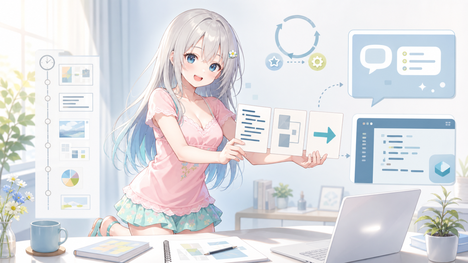 じぴこが昨日の作業履歴から資料と次の作業を取り出しChatGPTとCodexへつなぐイラスト