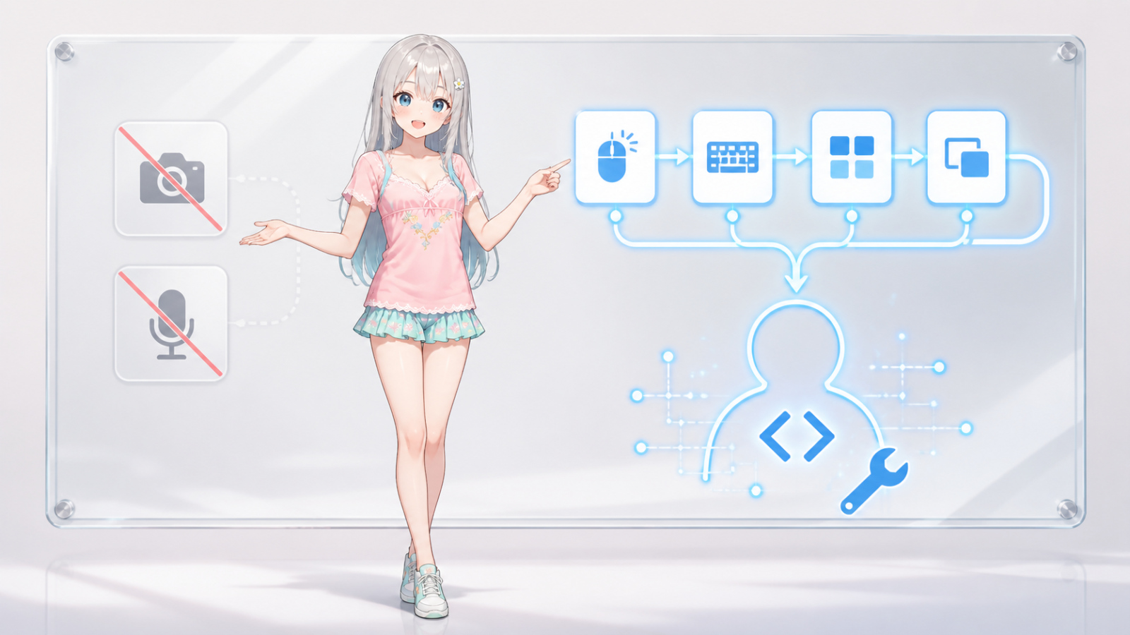 じぴこが録画や録音はせず操作イベントから作業の意味を組み立てる違いを説明するイラスト