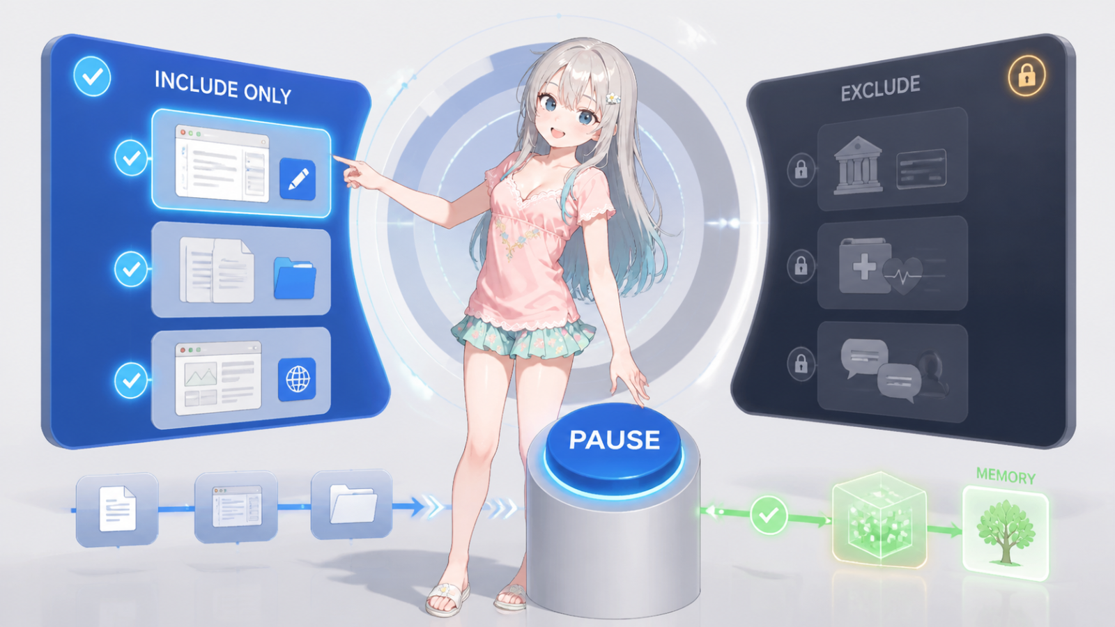 じぴこが仕事をInclude onlyにし銀行や医療をExcludeし必要時にPauseする設定を示すイラスト