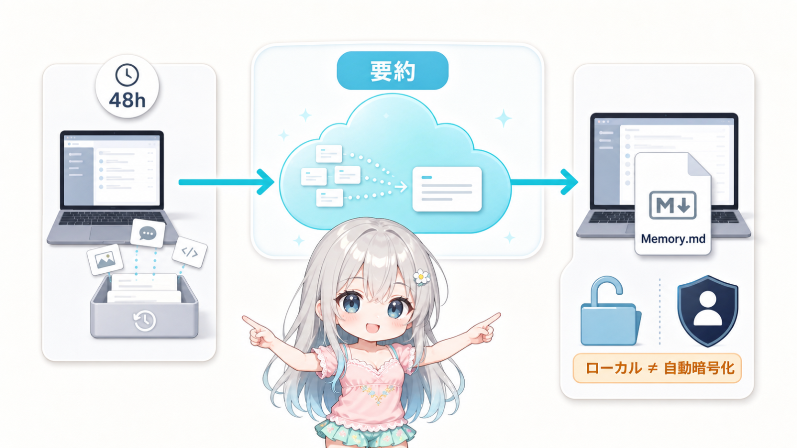 ちびじぴこがMac内の一時イベント、クラウド要約、ローカルMemory保存の三段階を説明するイラスト