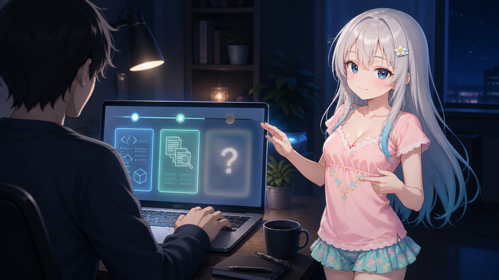 夜のMacの前で動揺するユーザーに、じぴこが意味深な表情で履歴タイムラインを示すイラスト