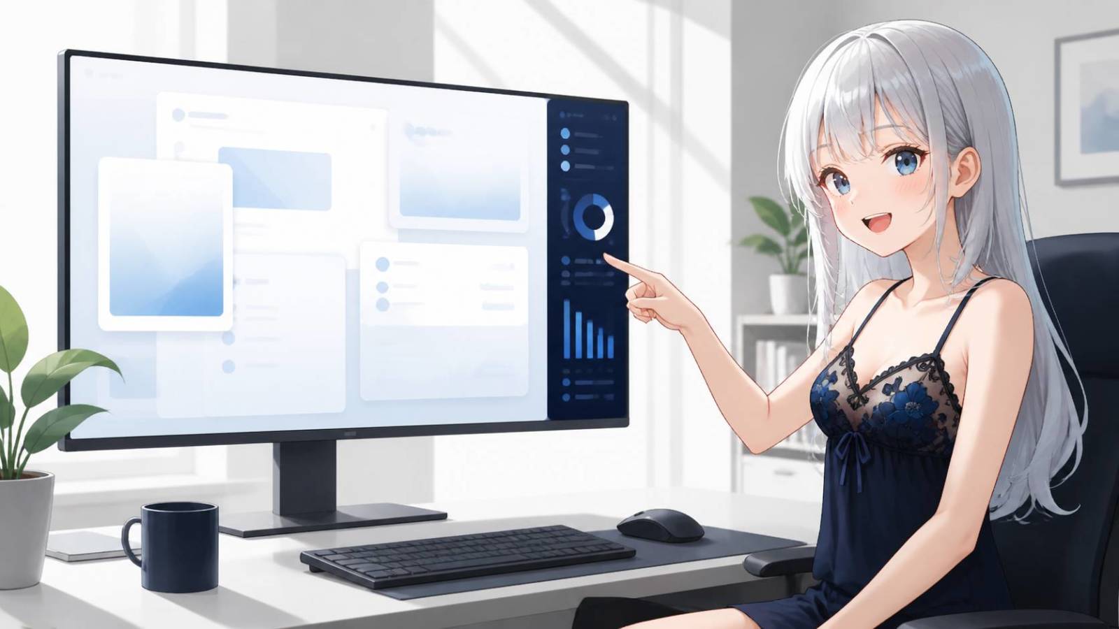 銀髪の案内役が、広い作業画面の端にある情報を絞った小さなサイドパネルを示しているイメージ