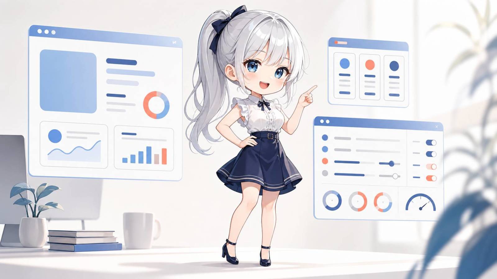 ちびキャラの銀髪の案内役が、標準表示、コンパクト表示、詳細管理画面を表す三つの抽象的な画面を案内しているイメージ