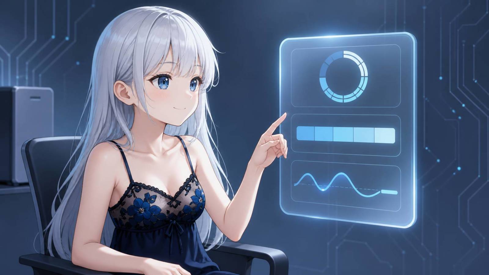 銀髪の案内役が、CPU、メモリ、温度を表す抽象的な三つの指標が並ぶ小さな情報パネルを確認しているイメージ