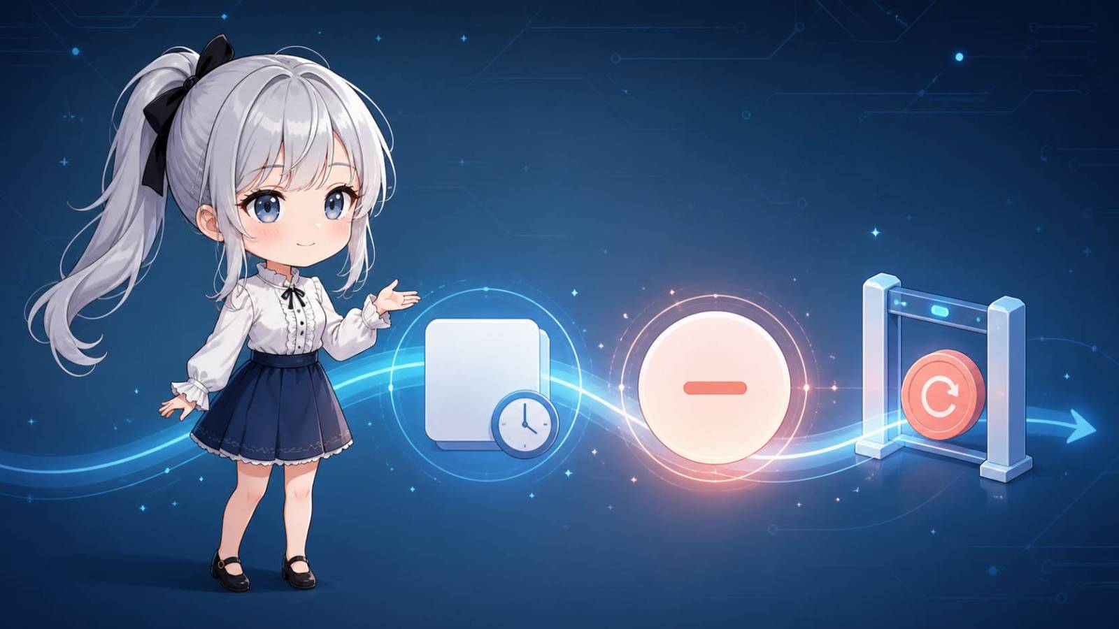 ちびキャラの銀髪の案内役が、最後の正常値、未取得表示、重複しない一回だけの実行を表す抽象的な仕組みを整えているイメージ