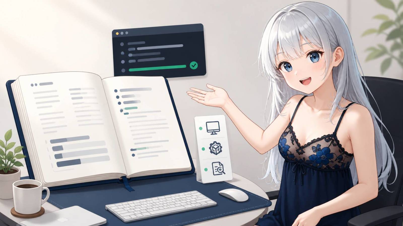 銀髪の案内役が、抽象的なソースノート、ビルド画面、導入条件のチェック項目を並べたmacOSの作業机で導入準備を案内しているイメージ