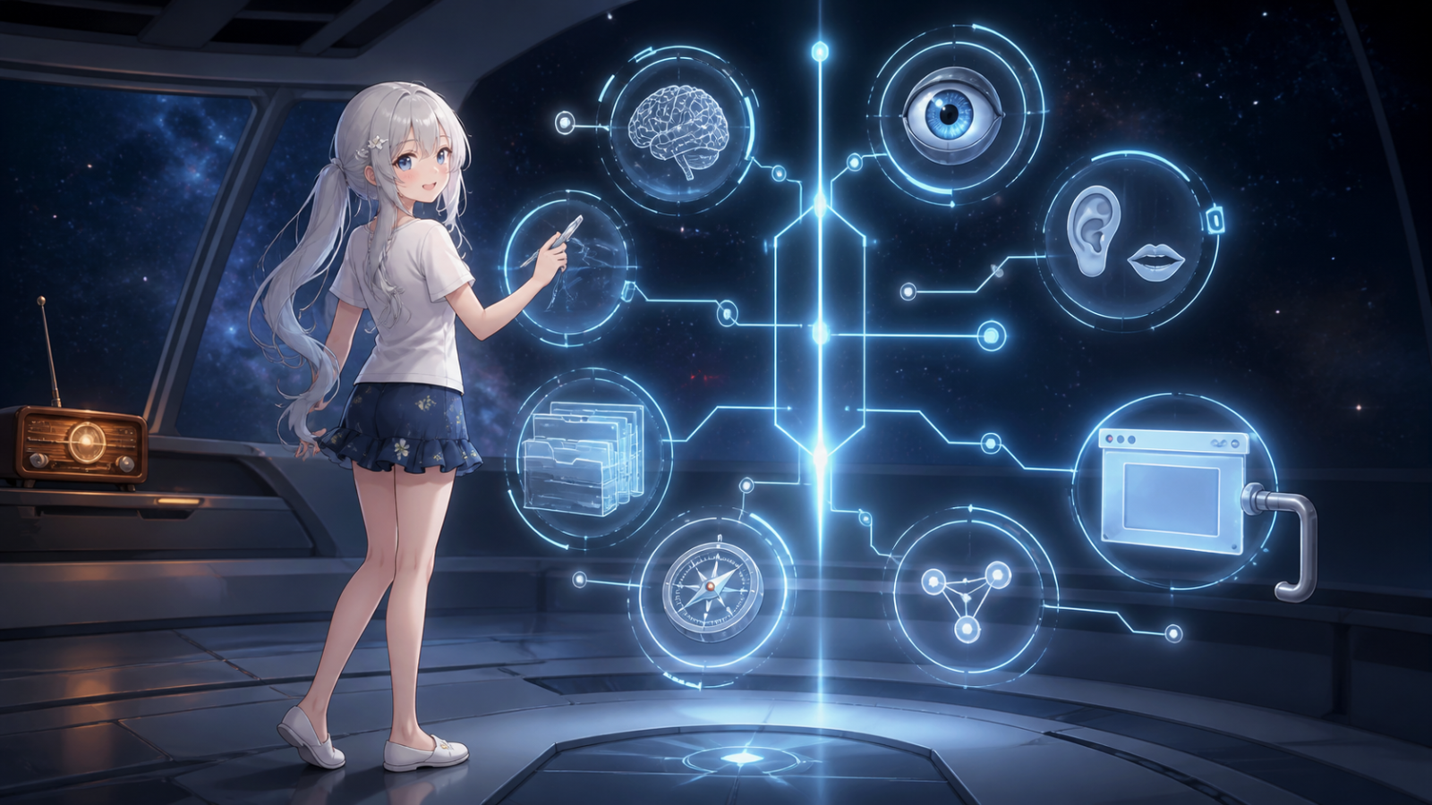 脳や記憶やMCPなどの部品で形になり始めた艦内コンピューターを案内するじぴこ
