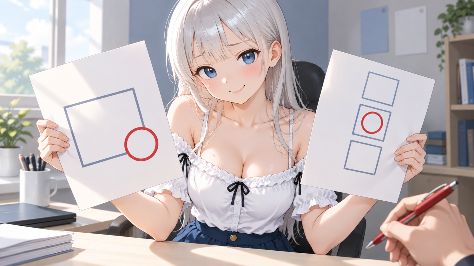じぴこが答案と採点表を並べて見比べ、合格判定そのものの根拠を確かめる比喩。