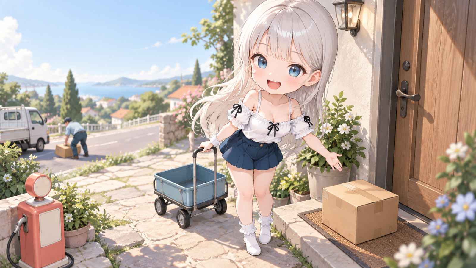 デフォルメしたじぴこが荷物を届け、奥では男性が途中の荷物を軽トラックで回収している配送の比喩。