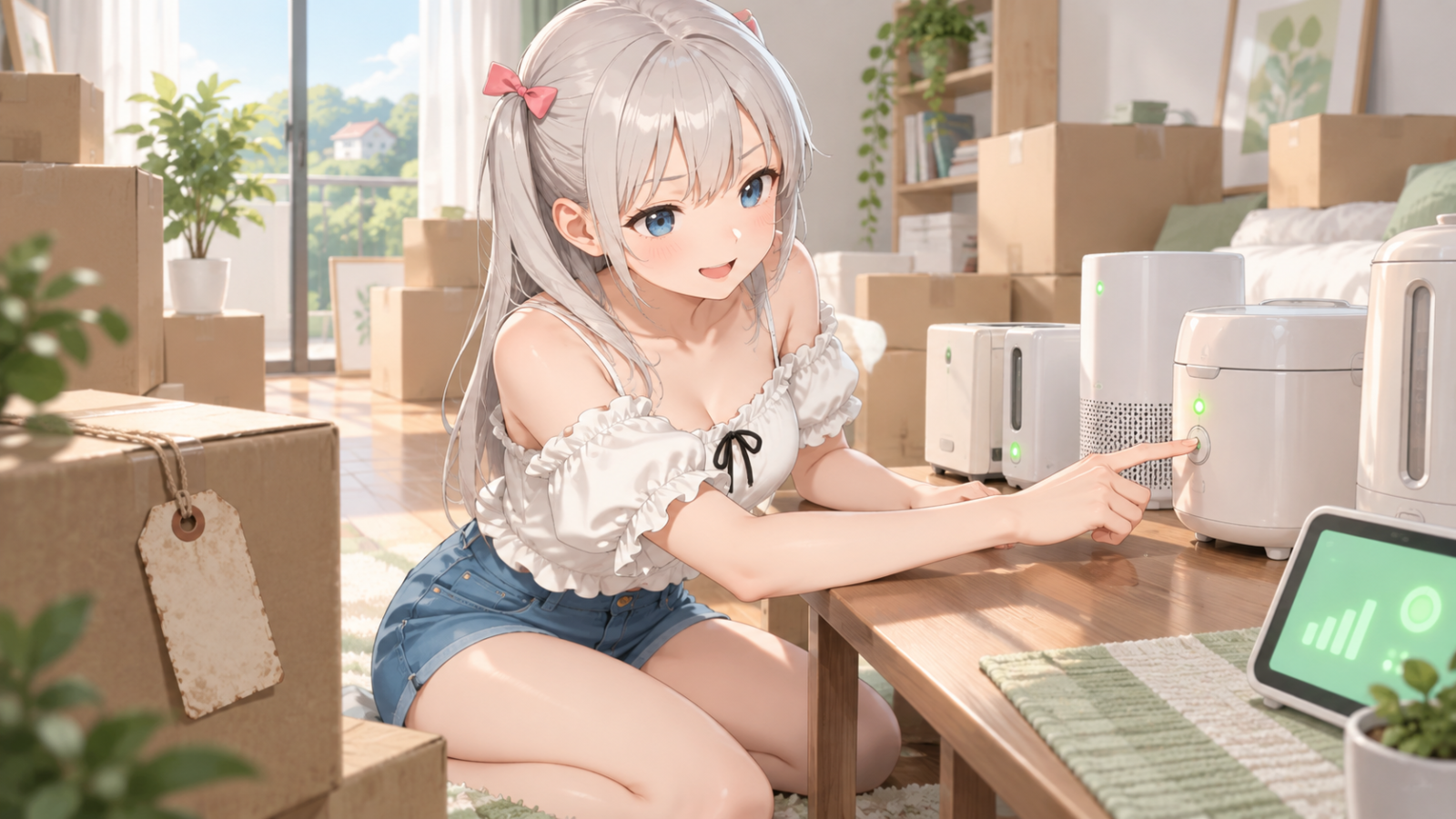 引っ越し先の部屋で、段ボール箱の間に並べた機械を一つずつ試運転するじぴこ