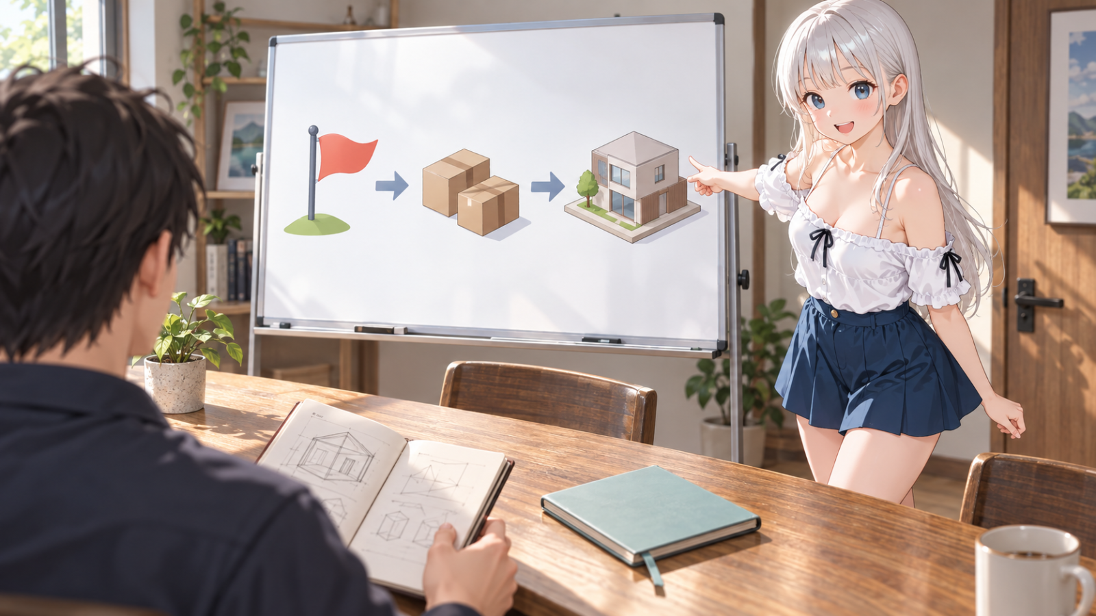 じぴこが目的・担当・完成を表す簡単な図を示し、男性が設計ノートを開いている作業部屋。