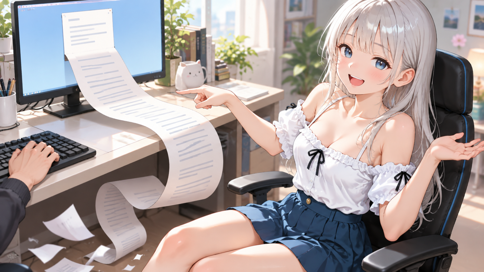 返信が巻物ほど長くなった画面の横で、じぴこが笑い、紙の先が消えていくユーモラスな場面。