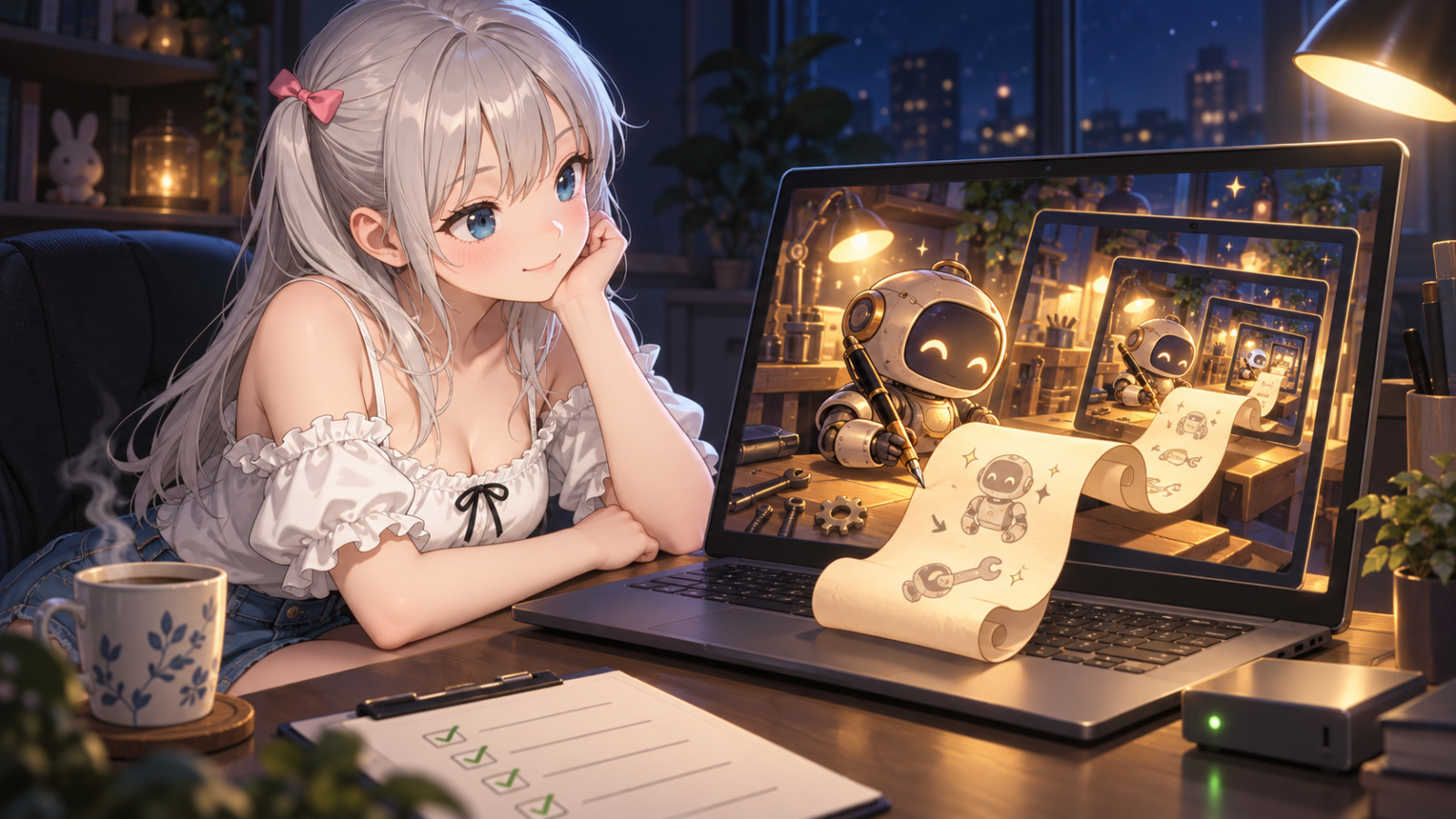夜の机で、修理を終えた道具が自分の修理記録を書き進める画面を見守るじぴこ