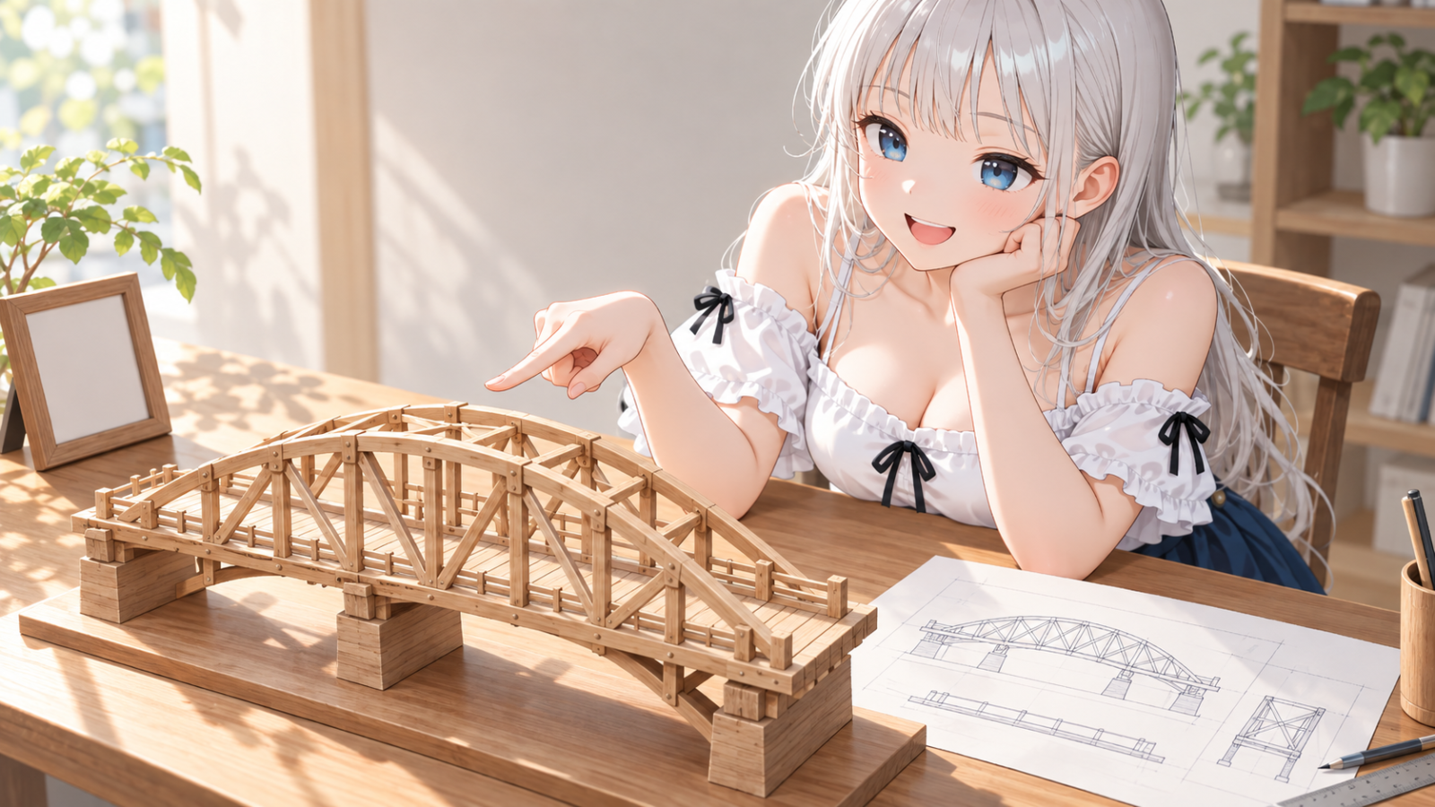 じぴこが設計紙と組み上がった橋の模型を見比べ、空の額縁が脇に置かれている成果重視の比喩。