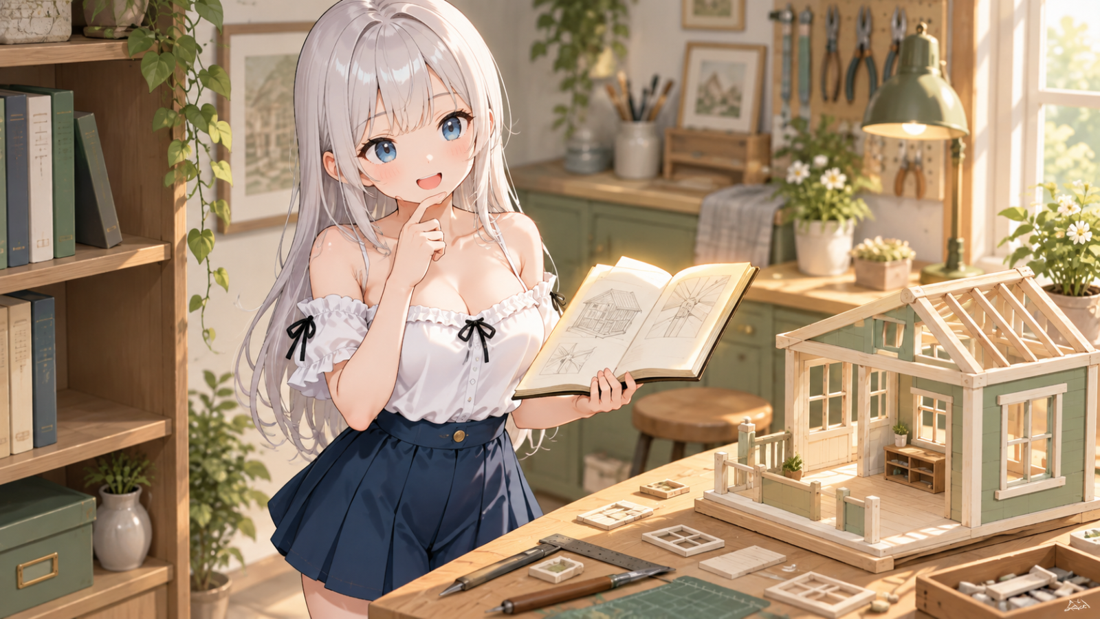 デフォルメしたじぴこが棚から経験ノートを取り出し、作業台の現在の模型と照らして考える場面。