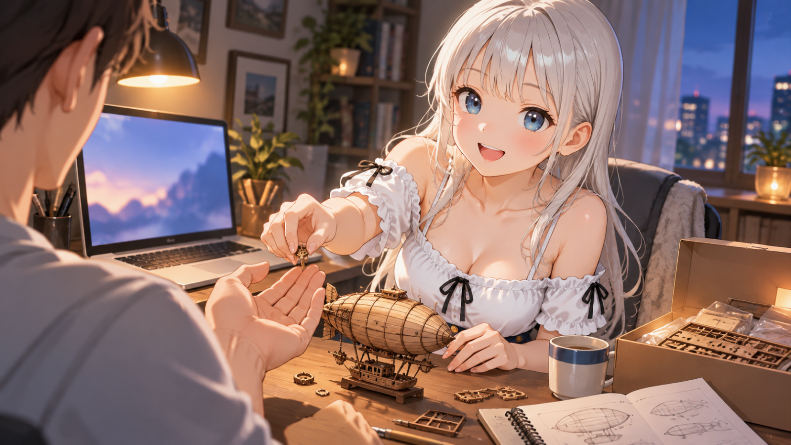 夕暮れの作業机で、じぴこが玩具箱の部品を差し出し、男性と一緒にものづくりを楽しむ場面。