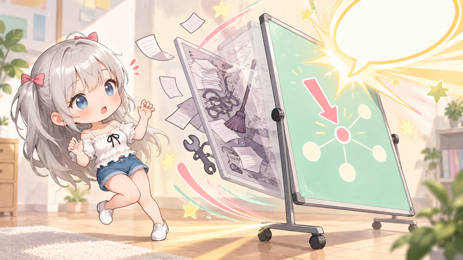 ひっくり返る大きな設計図のボードを前に、ミニキャラのじぴこが一歩後ろへ跳ねている場面