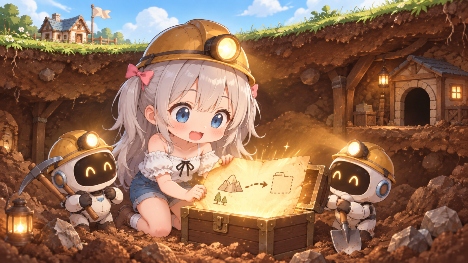 ヘルメットを被ったミニキャラのじぴこと2体の作業ロボットが、地中で途切れた矢印の地図を掘り当てている断面図