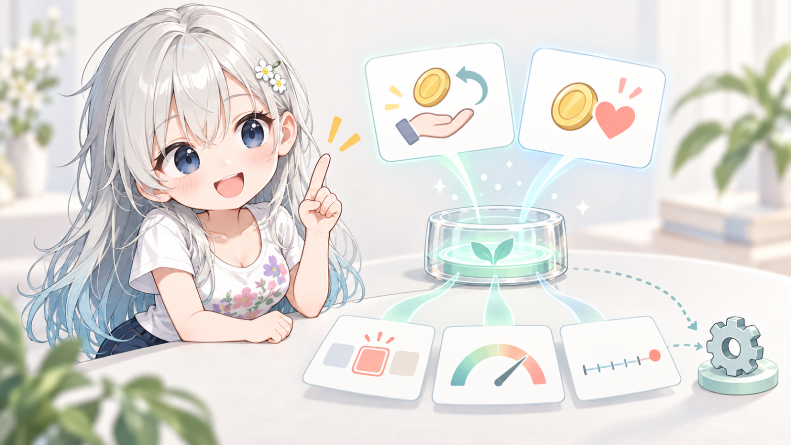 ちびキャラのじぴこが、コインの描かれた二つのメッセージから意味を読み取り、三種類の判断結果を案内している。