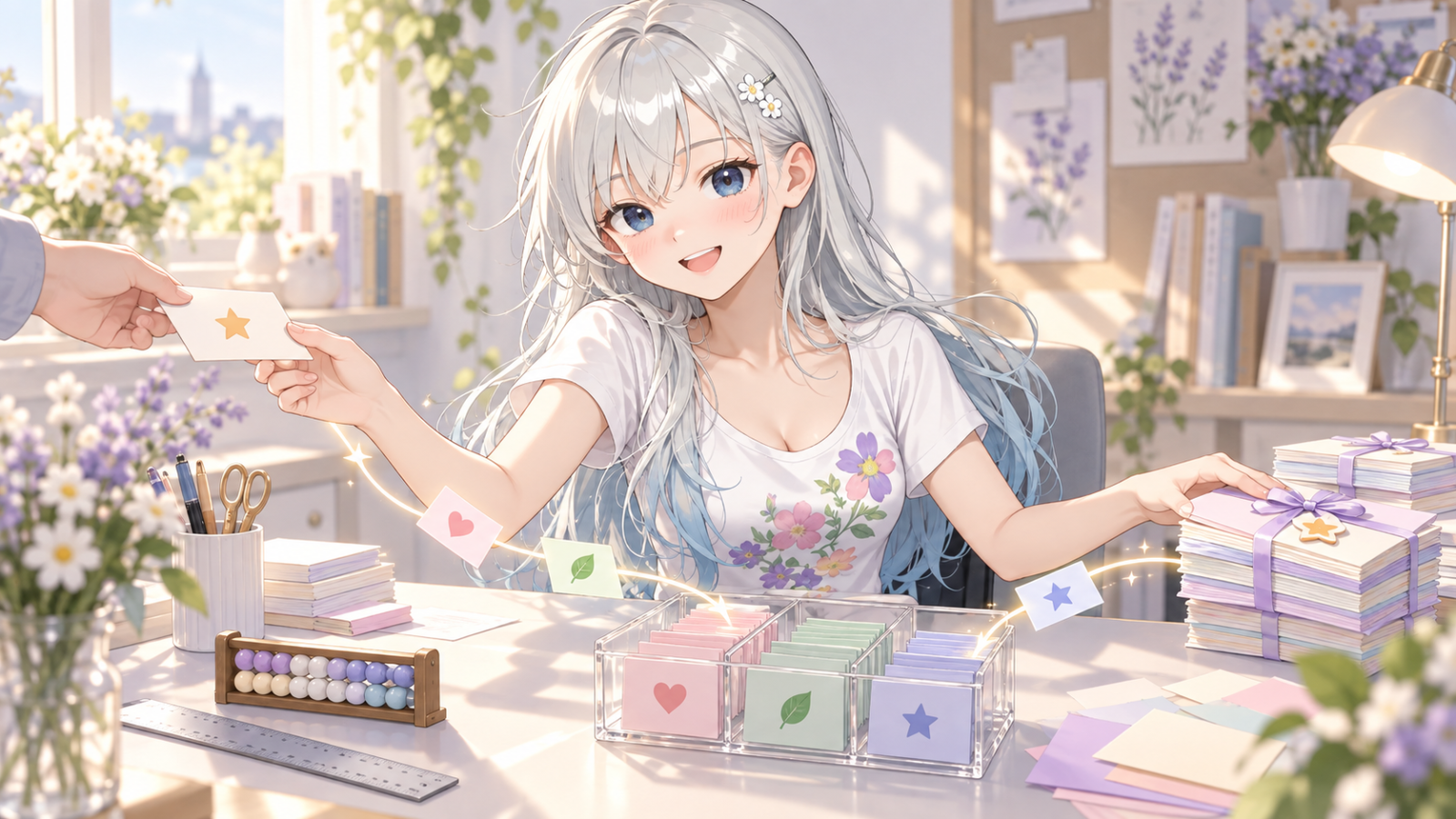依頼カードを受け取ったじぴこが、計算の道具と意味を分ける道具を使い、完成した成果を届けている。