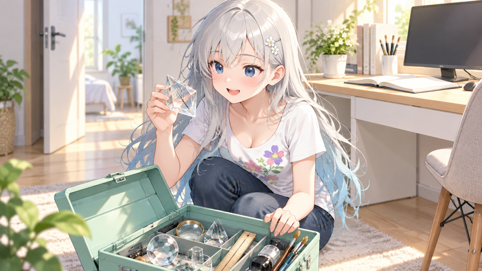 新しい作業机へ向かうじぴこが道具箱に気づき、笑顔で判断ツールを取り上げている。