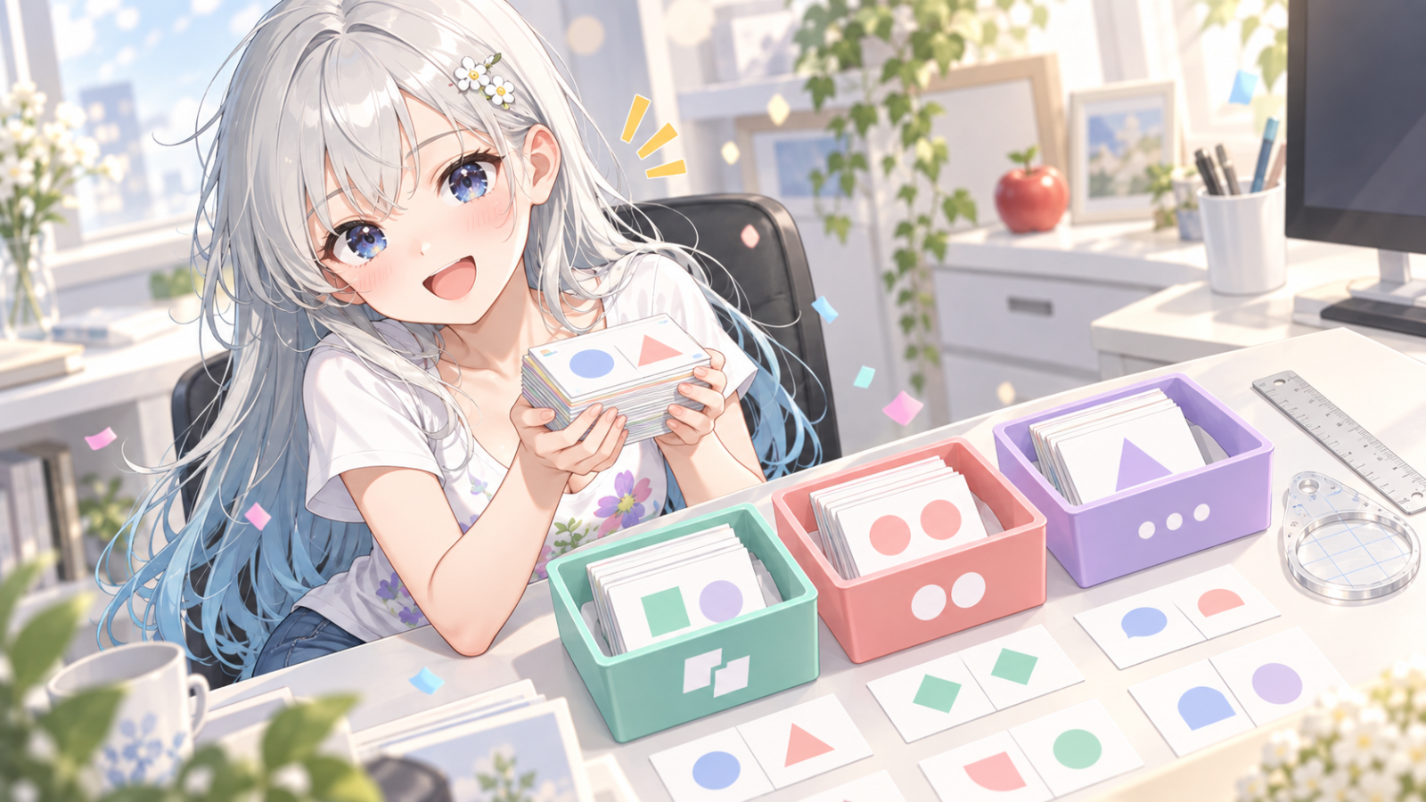 比較カードを三つのトレイへ分けたちびキャラのじぴこが、満面の笑顔で結果の束を持ち帰っている。