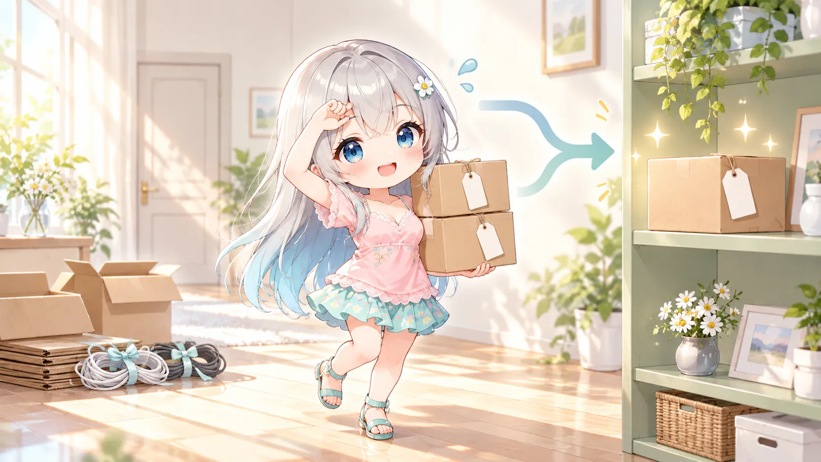 2つの引っ越し箱を1つの棚の箱にまとめ、片付けを終えてほっとしているデフォルメ姿のキャラクター