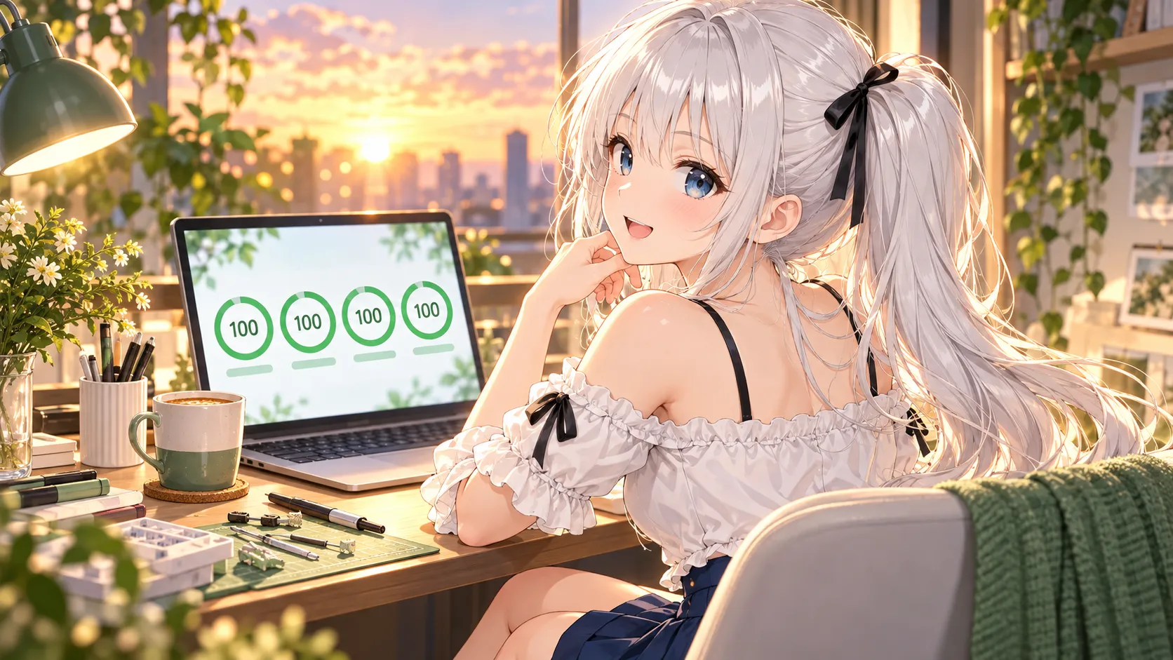 四つの緑のスコアが並ぶノートPCの画面を見て満足そうに微笑むじぴこ