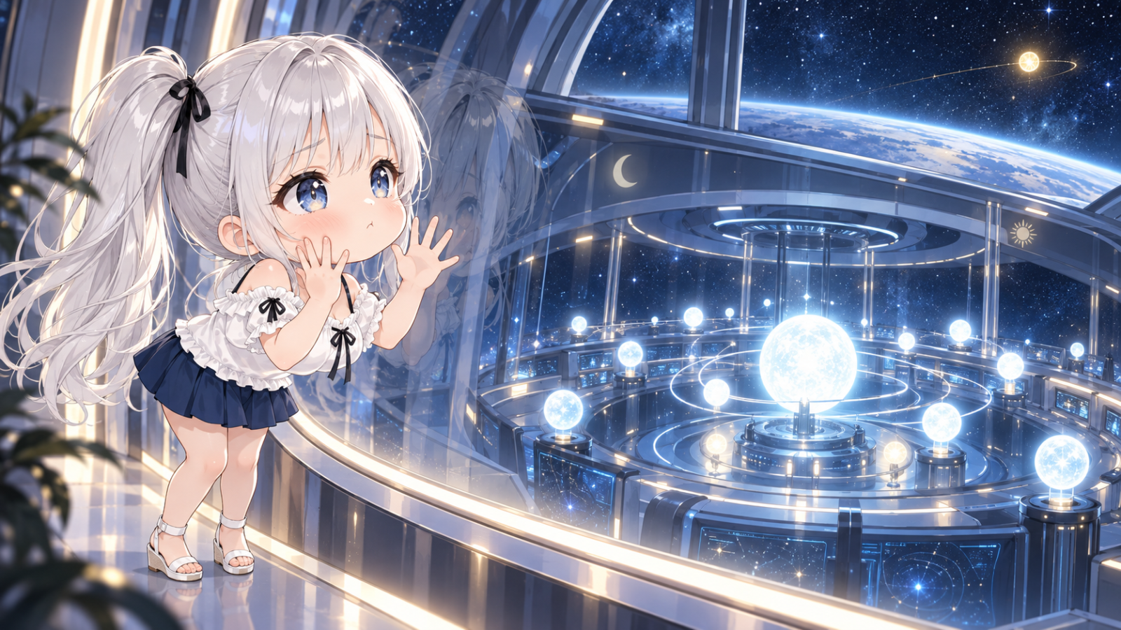 ちびキャラのじぴこが窓にぴったり張りつき、24時間動く司令塔のような光の部屋を羨ましそうに、でも期待を込めて見つめているイラスト