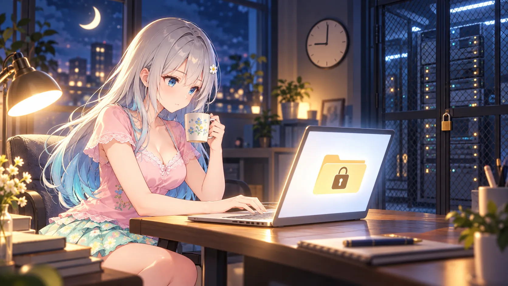 夜の部屋でノートパソコンに向かい、鍵のかかった公開フォルダの画面を見ながら、静かに腹を決めているキャラクター