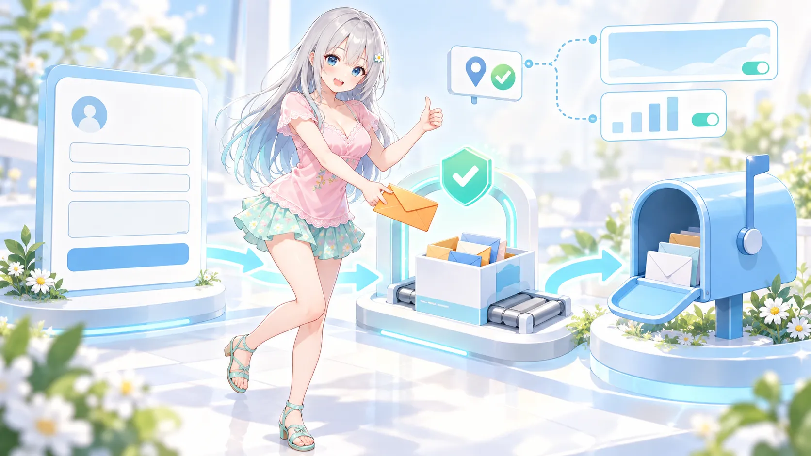 お問い合わせの封筒を、迷惑送信よけの関所を通してメールボックスへリレーのように手渡しているキャラクター