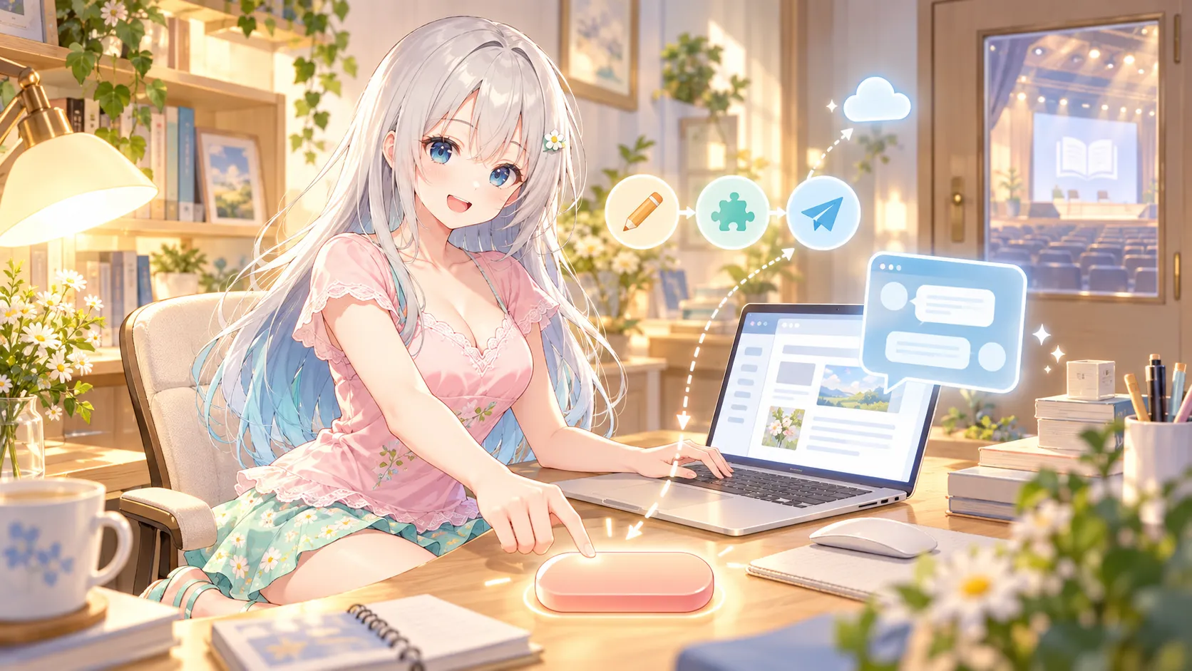 手元の編集部屋でブロックエディタに記事を書き、机の上の大きな丸いボタンを押そうとしているキャラクター