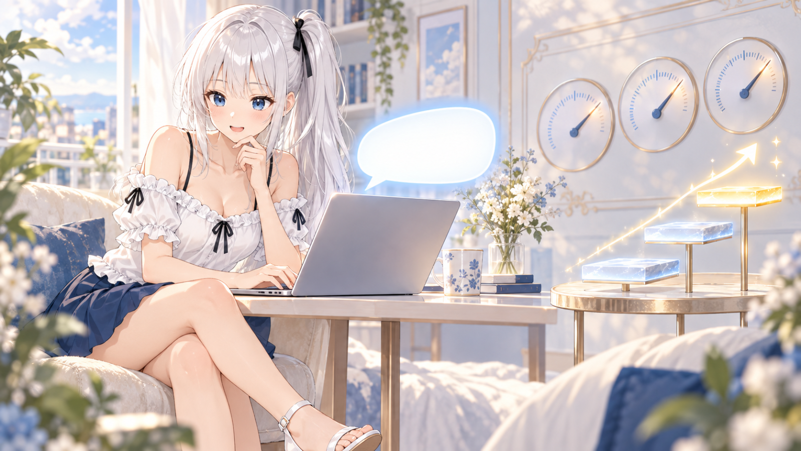 じぴこがノートPCに最初のメッセージを打ち込み、横には段々と高くなるプランの階段が光っているイラスト
