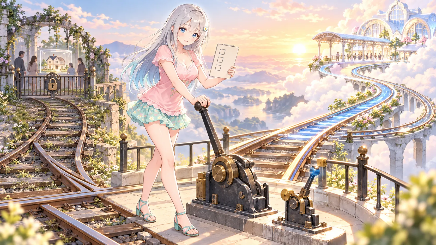 試し公開の側線を横に見ながら、新しい線路へ切り替えるレバーに手を置き、戻し方も確かめているキャラクター